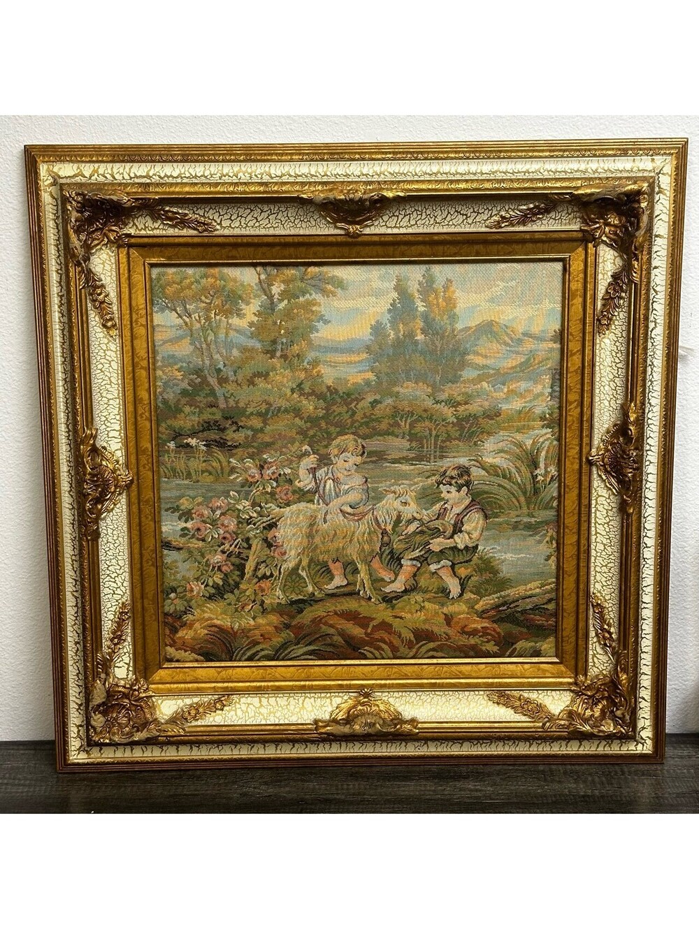 Made in Italy Woven Tapestry Children Goat Ornate Gold Frame 29x29 Wall Art